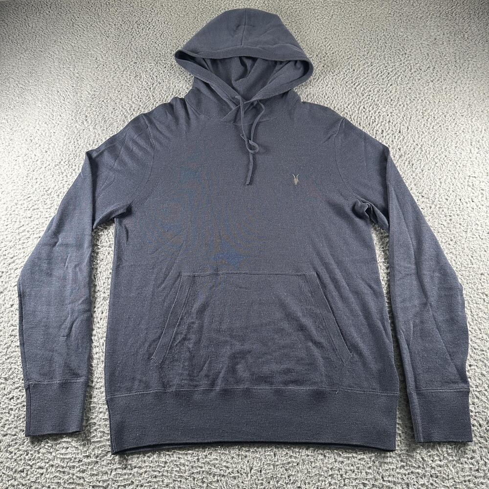 AllSaints Mode Merino Hoodie Mens L Blue Wool Pullover Knit Logo Lightweight